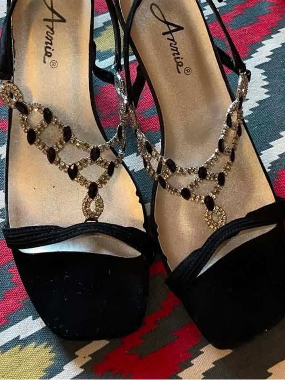 Annie Black Open-Toe Heels with Gold Crystal Chains